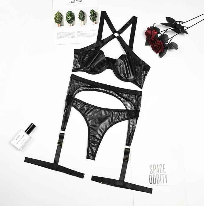 Mesh Lingerie Set - Black Bra Thong Garter Belt Three Piece