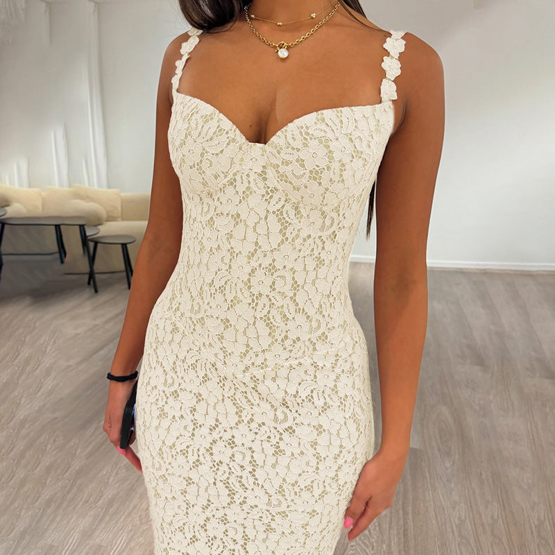 Yellow Lace Maxi Dress - V-Neck Camisole Gown