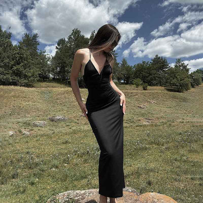 Black Deep V Backless Maxi Dress - Strap High Waist