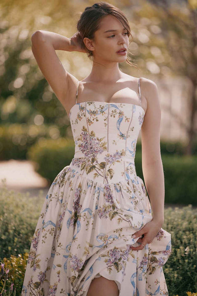 Floral Cami Maxi Dress - Cinched Waist A-Line Spaghetti Strap