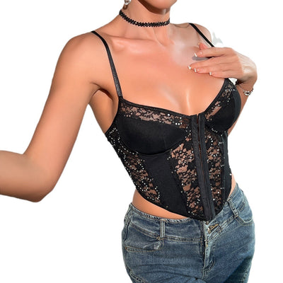 Cross-border Lace Sequin Unique Design Sense Simple Style Spicy Girl Hollow-out Transparent Small Camisole