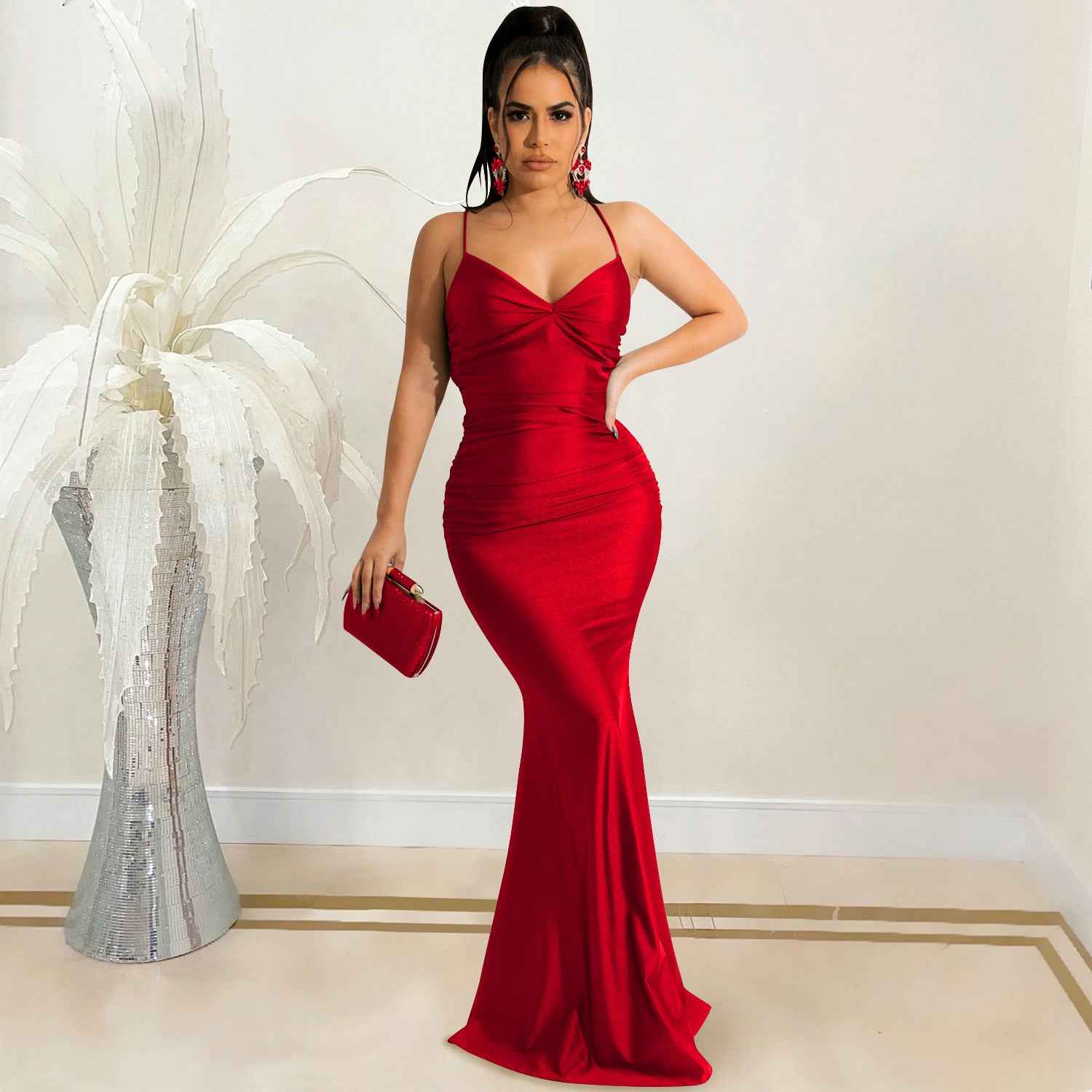 Spaghetti Strap Backless Maxi Dress - Tie Up Bodycon Satin