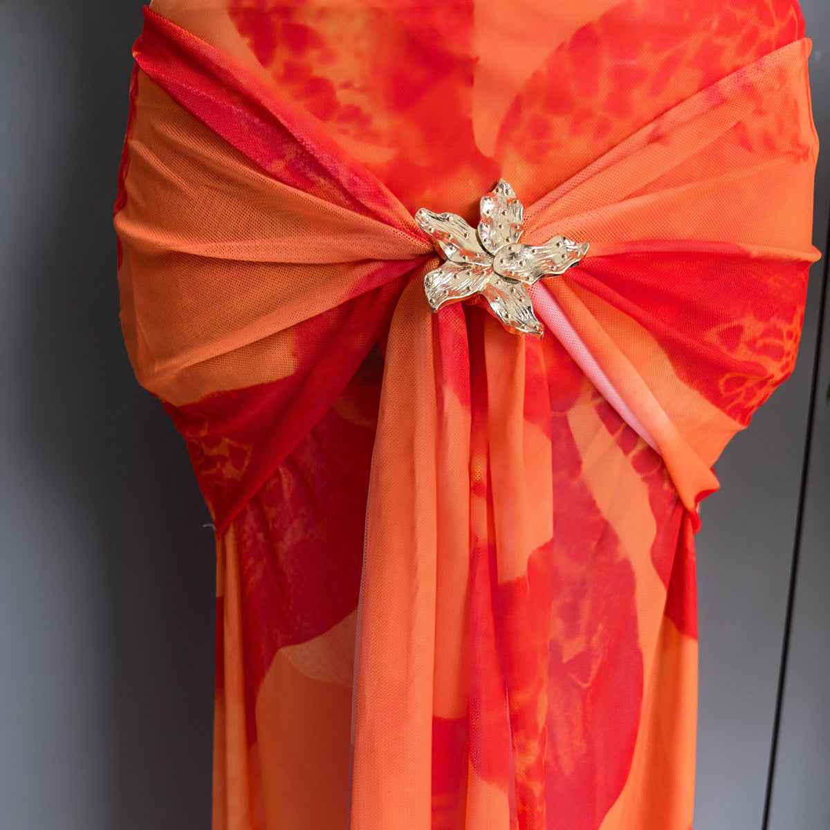 Orange Print Bikini Set - Tie Strap Triangle Two-Piece Swimsuit