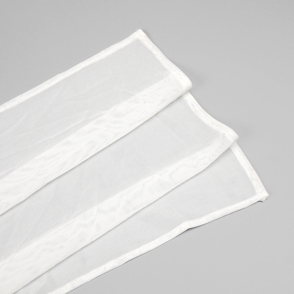 Sheer Mesh Backless Dress - White Halter Long Sleeve