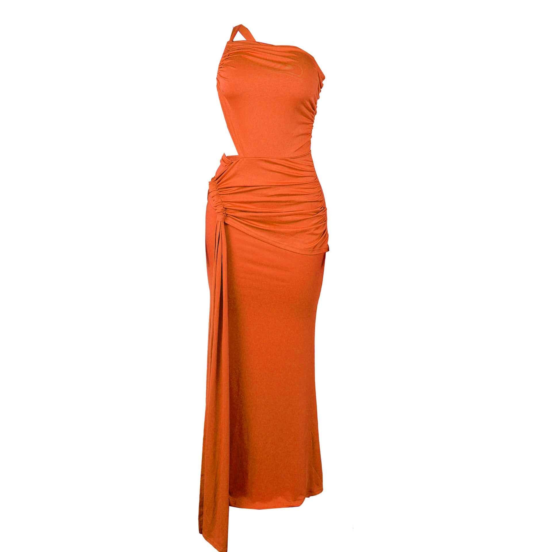 One Shoulder Cutout Maxi Dress - Pleated Bodycon Fit