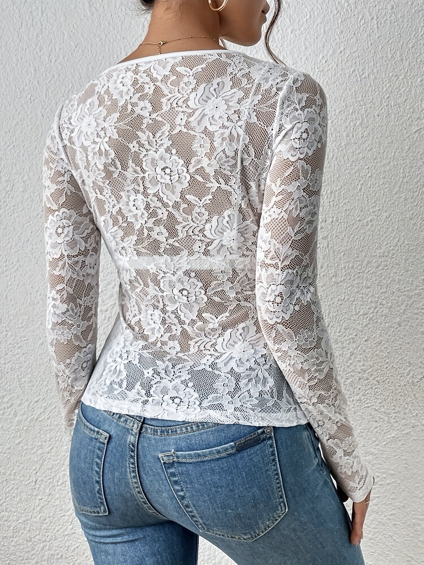 Lace Top - Sheer Floral Fan-Shaped Decoration Intimate