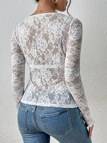 Lace Top - Sheer Floral Fan-Shaped Decoration Intimate