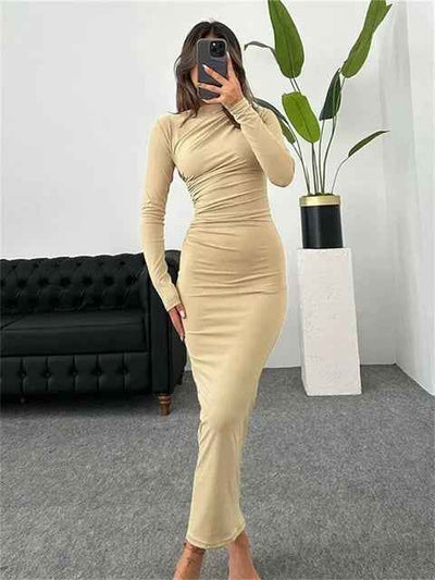 Pleated Maxi Dress - Bodycon Fitted Long Sleeve Elegant