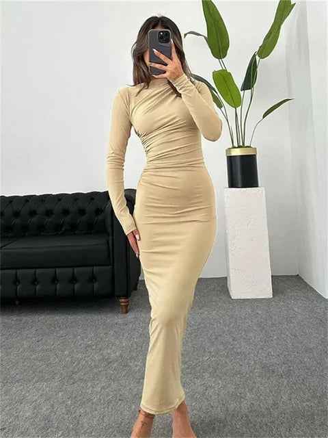 Pleated Maxi Dress - Bodycon Fitted Long Sleeve Elegant
