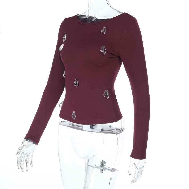 Rhinestone Long Sleeve Top - Burgundy Slim Fit Knit