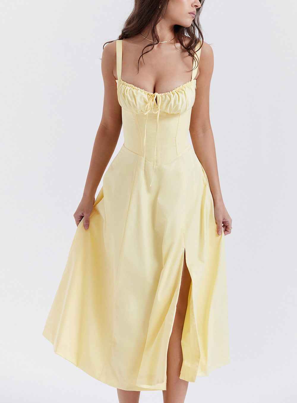 Corset Lace-Up Back Midi Dress - Wide Strap Side Slit