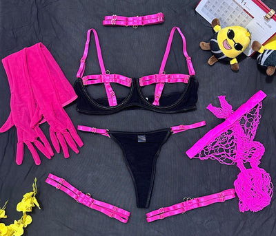 Two-Color Splicing Lingerie Set - Three-Piece Strap - Fashions Envy