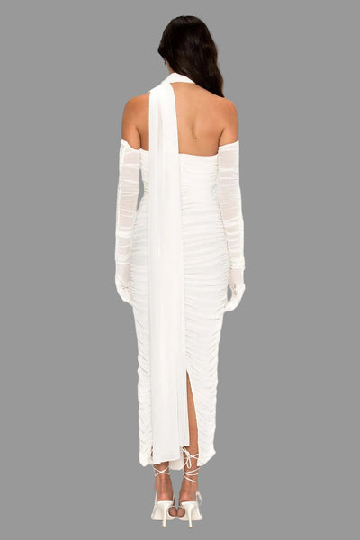 Sheer Mesh Backless Dress - White Halter Long Sleeve