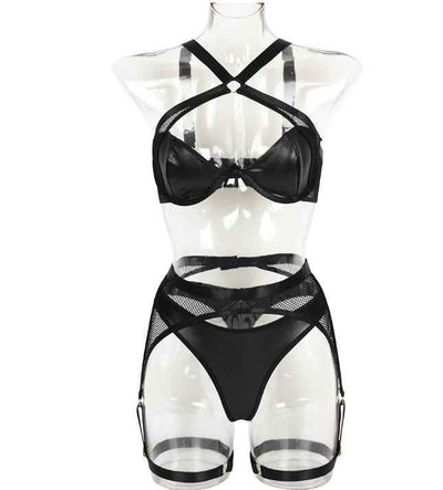 Mesh Lingerie Set - Black Bra Thong Garter Belt Three Piece