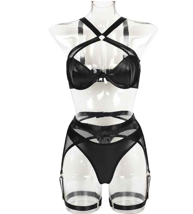 Mesh Lingerie Set - Black Bra Thong Garter Belt Three Piece