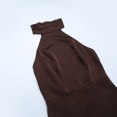 Satin Evening Gown - Halter Neck Slit Dress - Fashions Envy