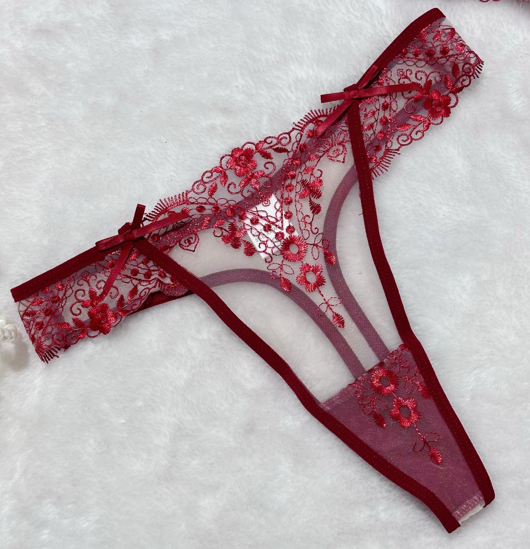 Floral Embroidery Mesh Lingerie Set - Sheer Patchwork - Fashions Envy