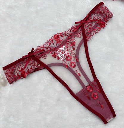 Floral Embroidery Mesh Lingerie Set - Sheer Patchwork - Fashions Envy