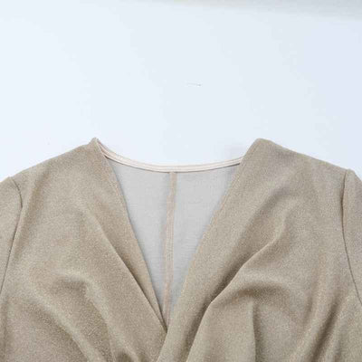 Gold Bodycon Dress - Twisted V-Neck Long Sleeve Wrap
