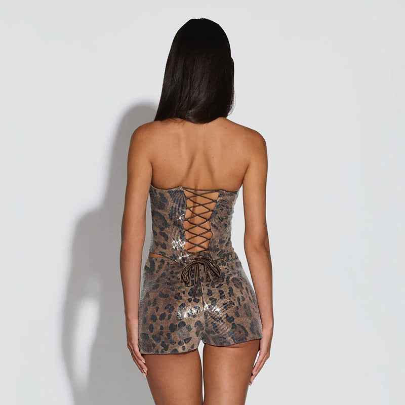 Sexy Leopard Print Outfit Set - Sequin Crop Top Fitted High-Waisted Shorts