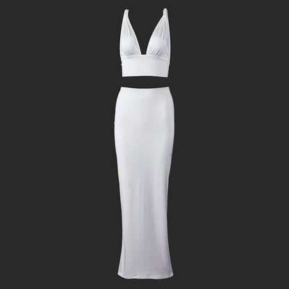 Halter Crop Top and Maxi Skirt Set - White Backless Outfit