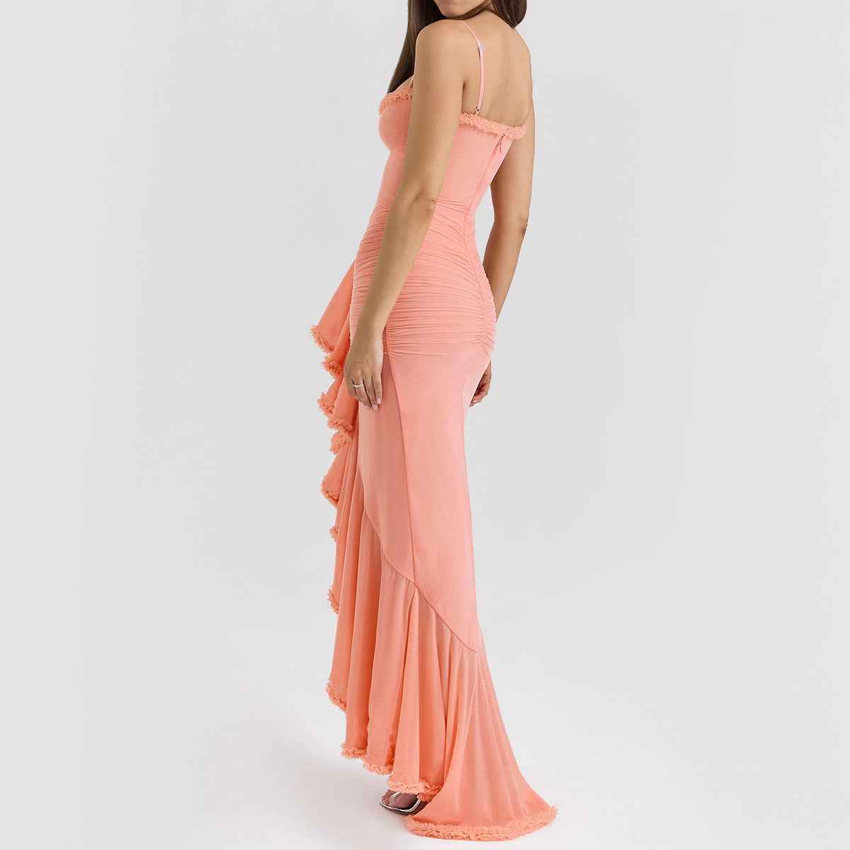 Spaghetti Strap Mesh Maxi Dress - Layered Irregular Hem