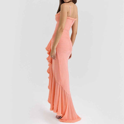 Spaghetti Strap Mesh Maxi Dress - Layered Irregular Hem