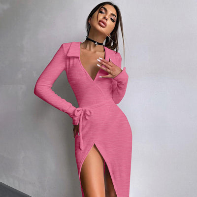 Bodycon Dress - Long Sleeve Tie Waist Split - Fashions Envy