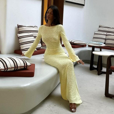 Backless Maxi Dress - Tie Detail Long Sleeve Yellow - Fashions Envy