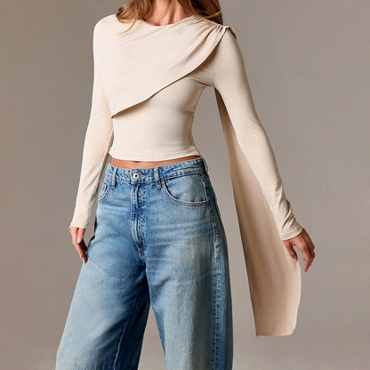 Shoulder Shawl Crop Top - Apricot Long Sleeve Pullover