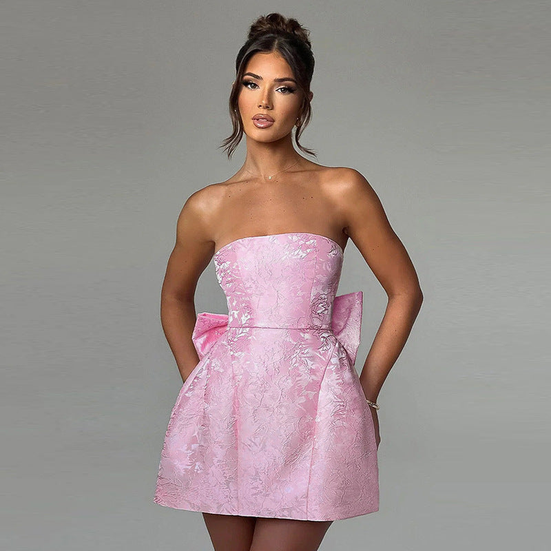 Jacquard Strapless Bow Mini Dress - Prom Gown 2026