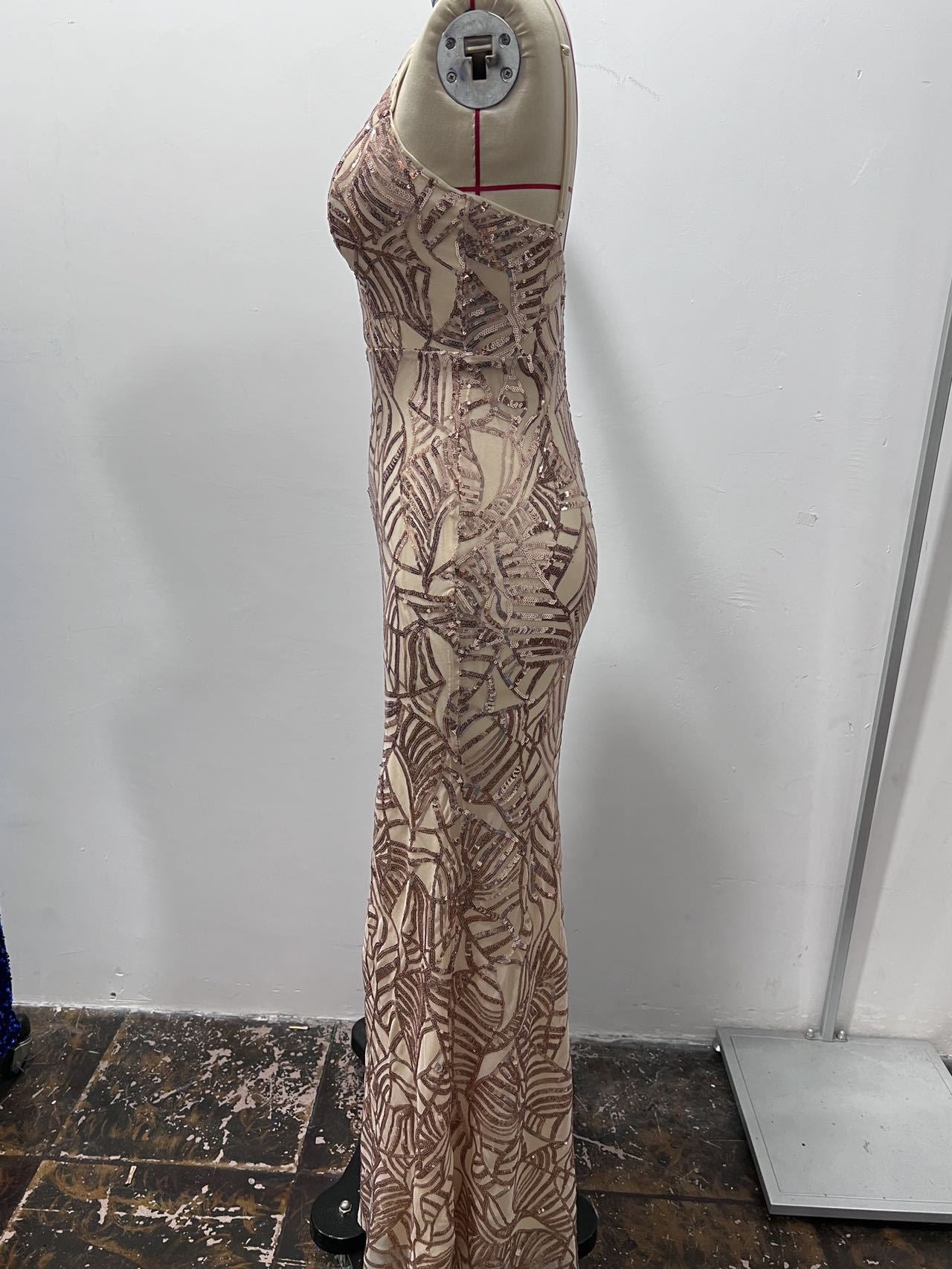 Spaghetti Strap Sequin Prom Gown - Deep V Maxi Slit Dress