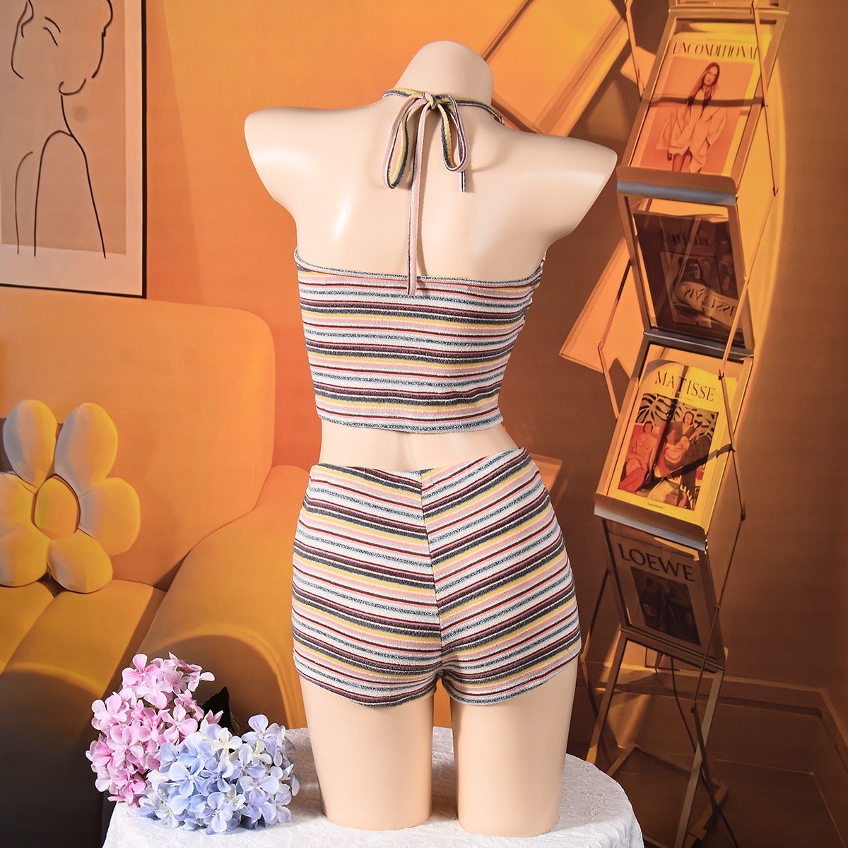 Striped Halter Crop Top and Shorts Set - Multicolor Outfit