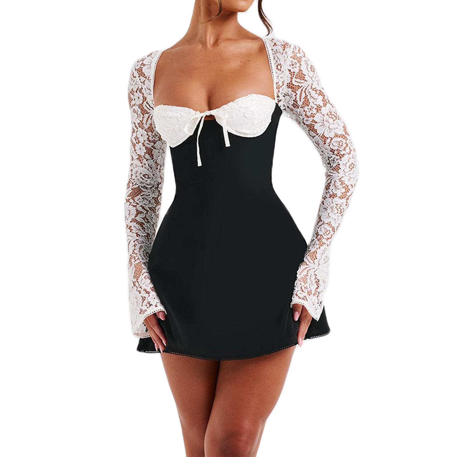 Lace Mini Dress - Long Sleeve Backless Party Dress