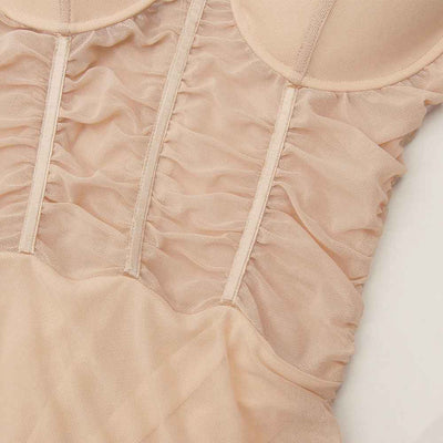Sheer Mesh Mini Dress - Ruched Spaghetti Strap Bodycon