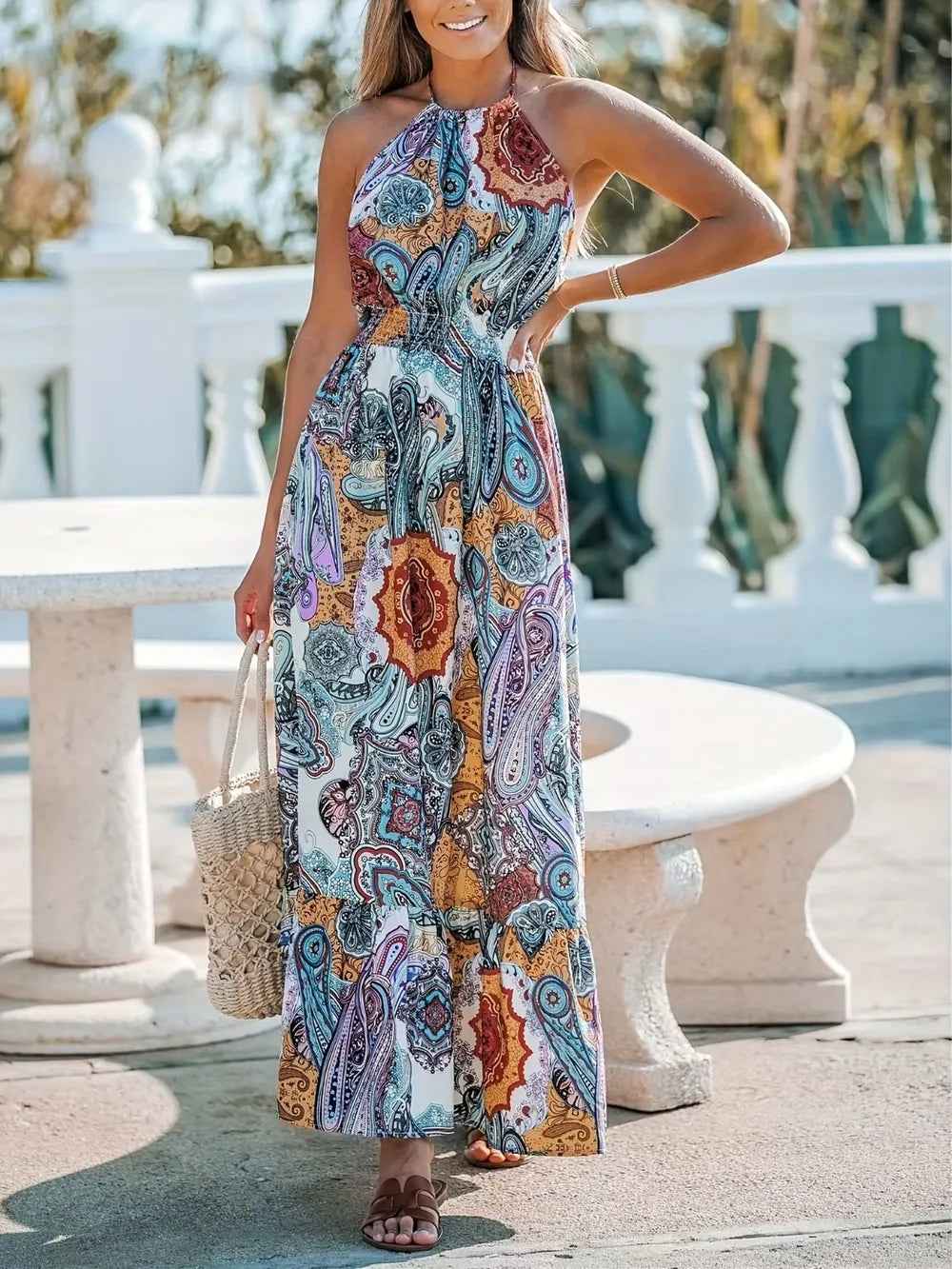 Zebra Print Halter Maxi Dress - Pastel Blue Lace Up