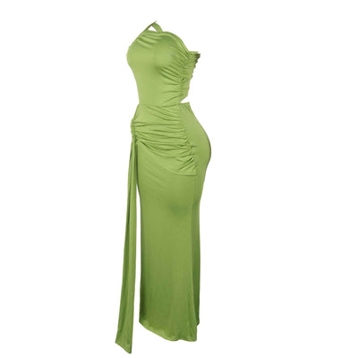 One Shoulder Cutout Maxi Dress - Pleated Bodycon Fit