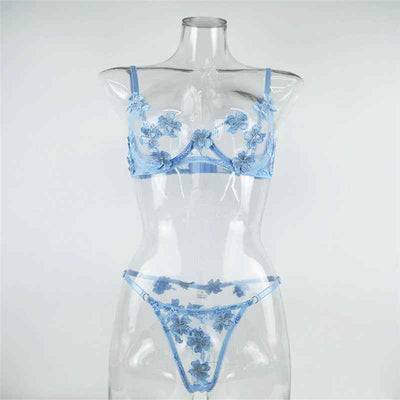 See-through Embroidered Lingerie Set - Sexy Thong and Bra