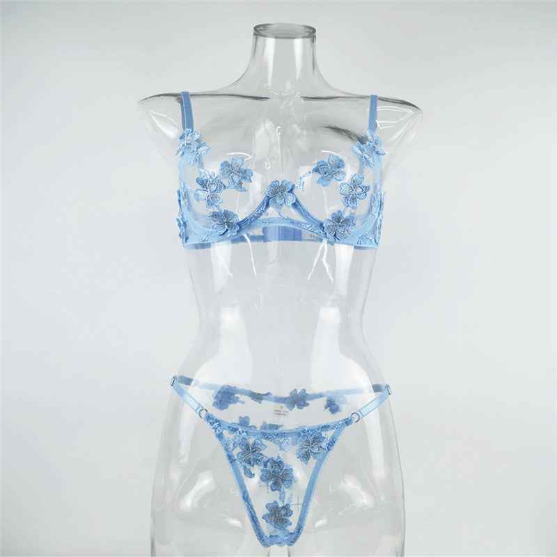 See-through Embroidered Lingerie Set - Sexy Thong and Bra