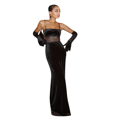 Velvet Evening Gown - Lace Halter with Long Gloves - Fashions Envy