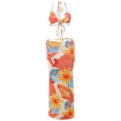 Three Piece Bikini Set - Tie Print Cover Up Beach - Fashions Envy