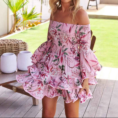 Off-Shoulder Floral Mini Dress - Flared Sleeve Ruffle