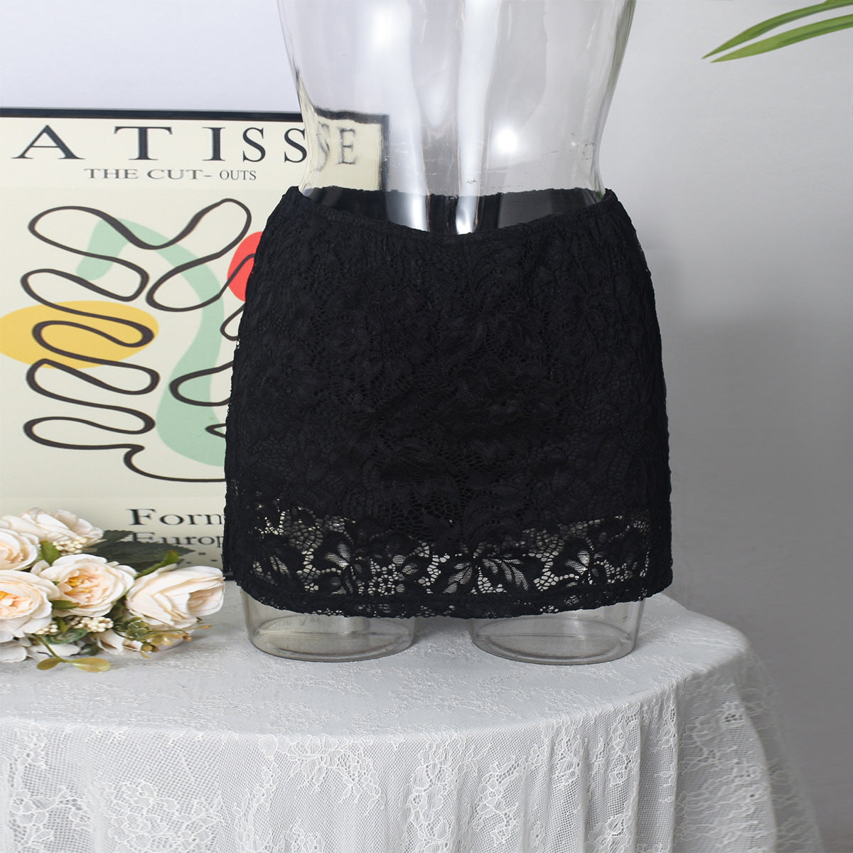 Black Lace Mini Skirt - Hip Hugging Elastic Fit - Fashions Envy