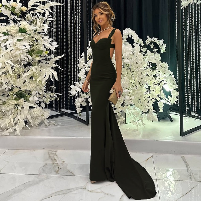 Pleated Strap Prom Gown - Dramatic Train Evening Dress