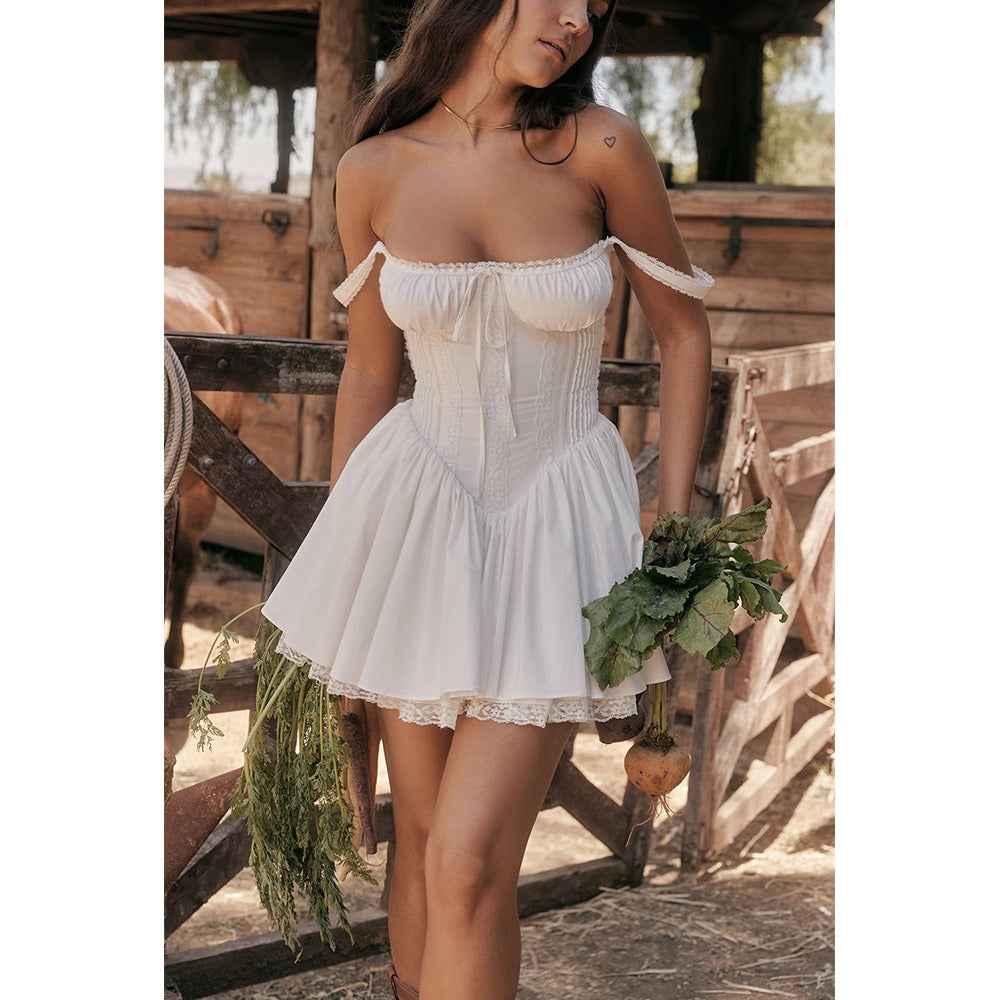 White Lace Backless Dress - Spaghetti Strap Patchwork Midi