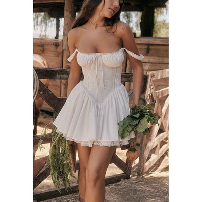 White Lace Backless Dress - Spaghetti Strap Patchwork Midi