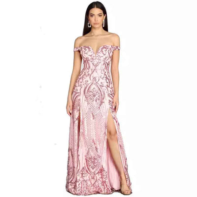 Pink Sequin Maxi Dress - Deep V-Neck Floor Length Gown