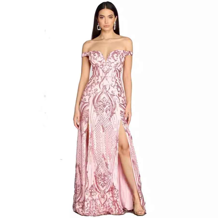 Pink Sequin Maxi Dress - Deep V-Neck Floor Length Gown