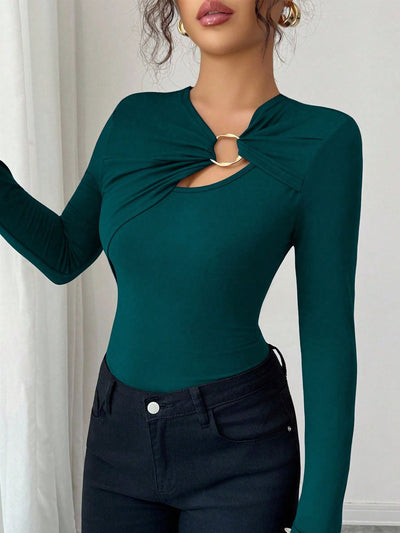 Asymmetric Top - Hollow-Out Metal Decorated Slim Fit