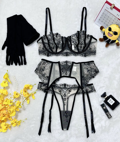 Floral Embroidery Mesh Lingerie Set - Sheer Patchwork - Fashions Envy